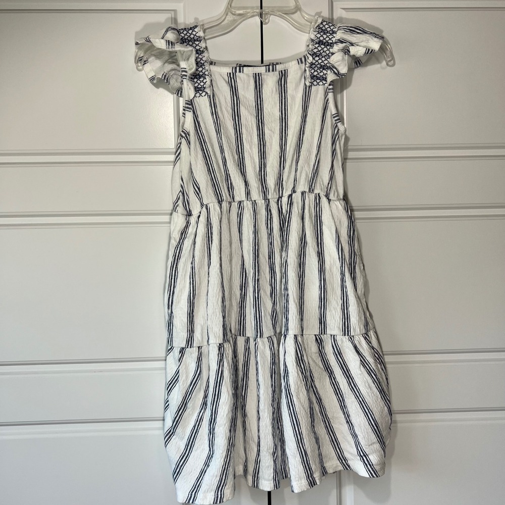 Lands' End Girls Striped Dress Tiered Ruffle Sleeves White Blue Size L 10-12